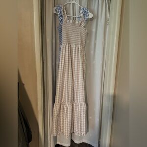 Gingham Smocked Maxi Dress in Beige & White